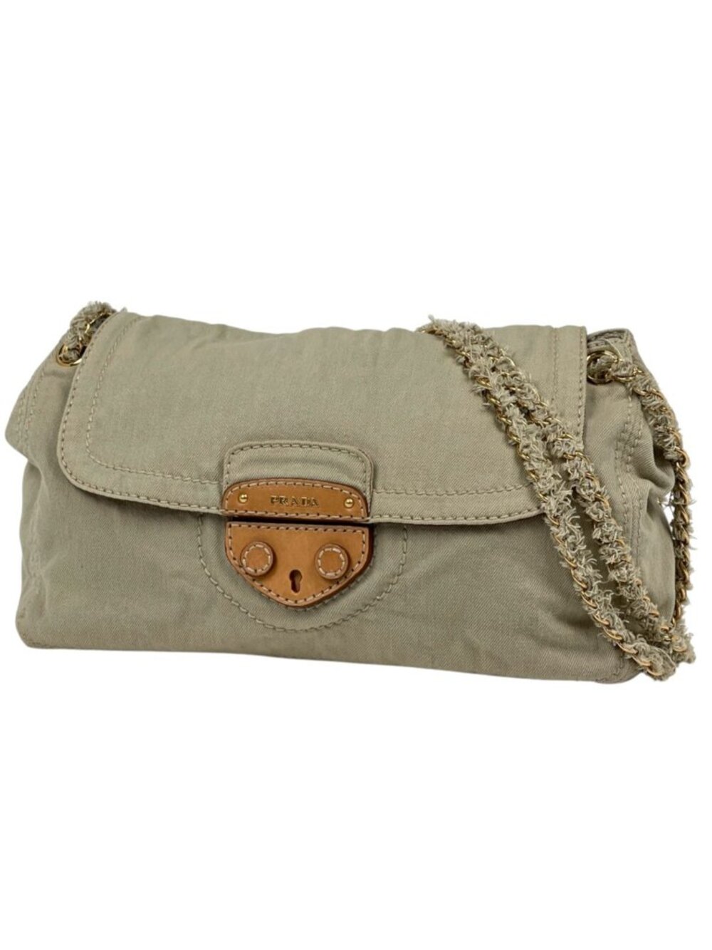 Prada Shoulder Bag Logo Chain Canvas Beige